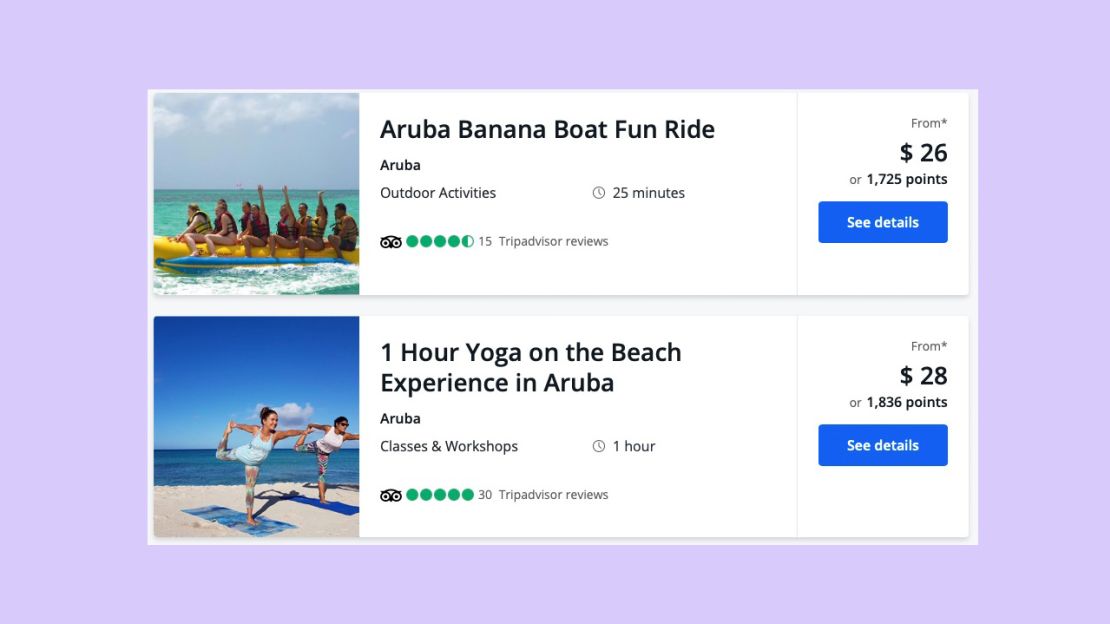 A screenshot showing activities in Aruba on the Chase Ultimate Rewards travel portal