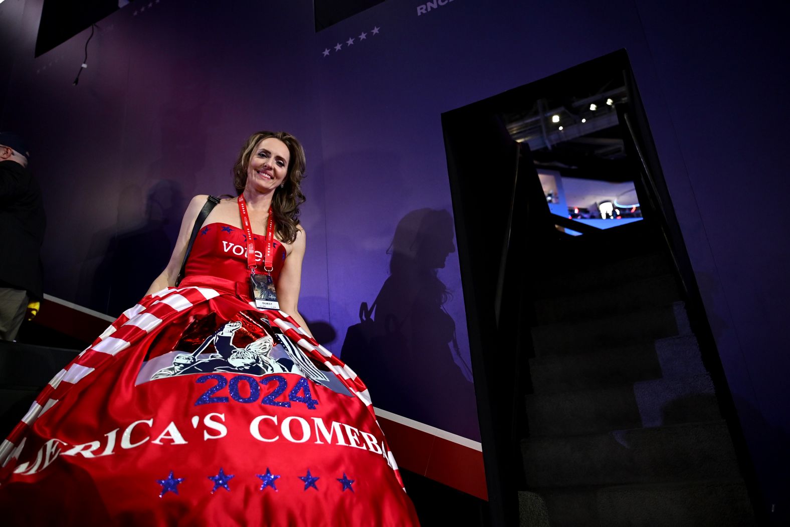 Sara Brady, from Boise, Idaho, shows off her dress on Monday.