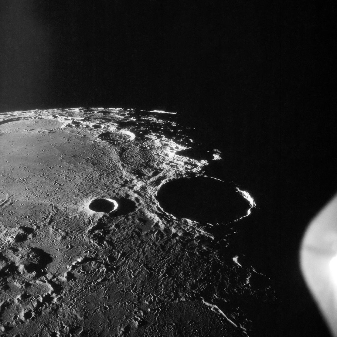 The 1969 US moon mission Apollo 11 captured this oblique view of the large crater Theophilus at the northwest edge of the Sea of Nectar.
