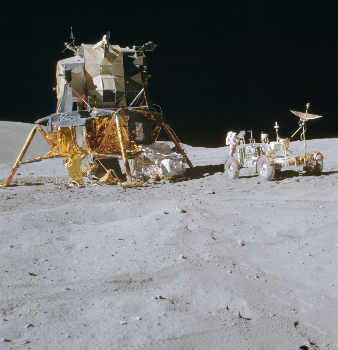 The Apollo 16 mission lands in the Descartes Highlands region near the lunar equator in April 1972.