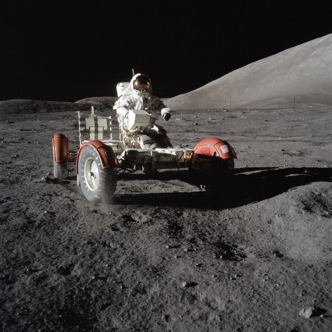Astronaut Eugene A. Cernan drove a lunar roving vehicle on the moon's surface during the Apollo 17 mission in 1972. It's still on the moon more than 50 years later.