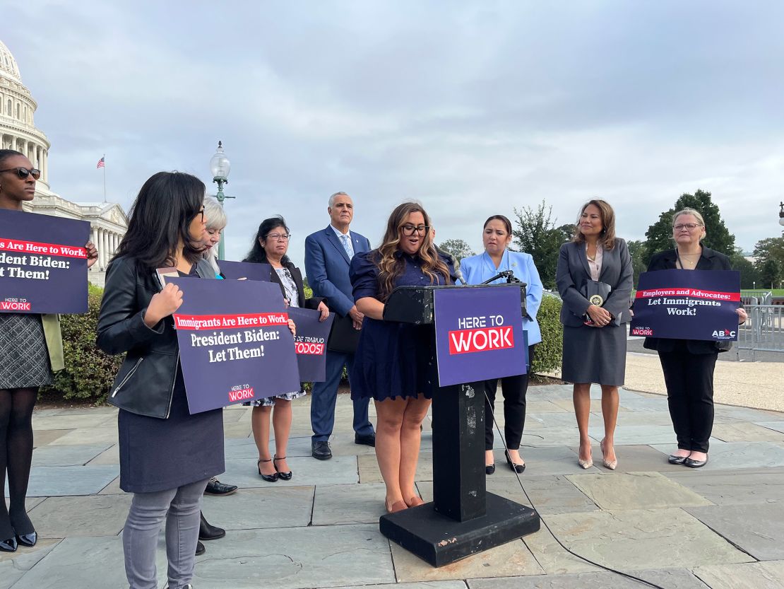 Ashley DeAzevedo speaks outside the US Capitol in September. She first got involved with American Families United during the Trump administration. Now she’s the organization’s president.