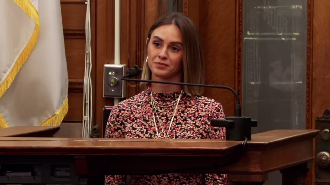 Ashley Cimmino, special education teacher and Bar Method instructor, is now on the stand.