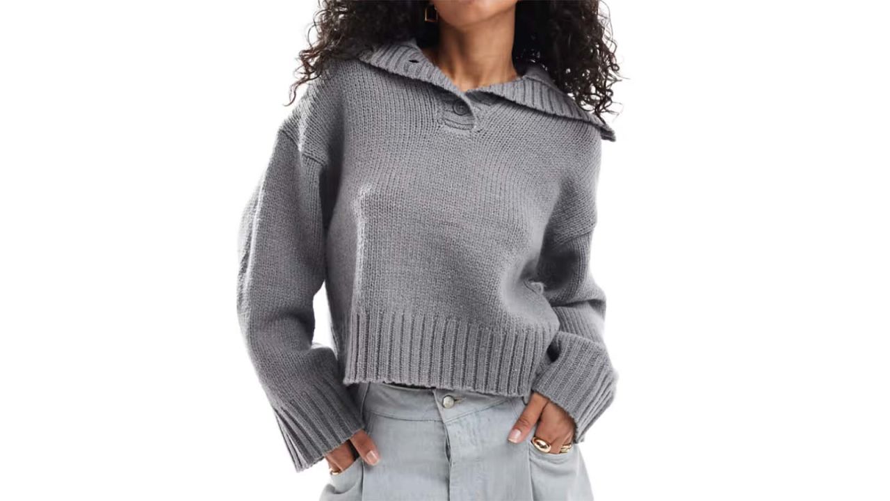 ASOS Design Sweater With Button Neck in Gray.jpg