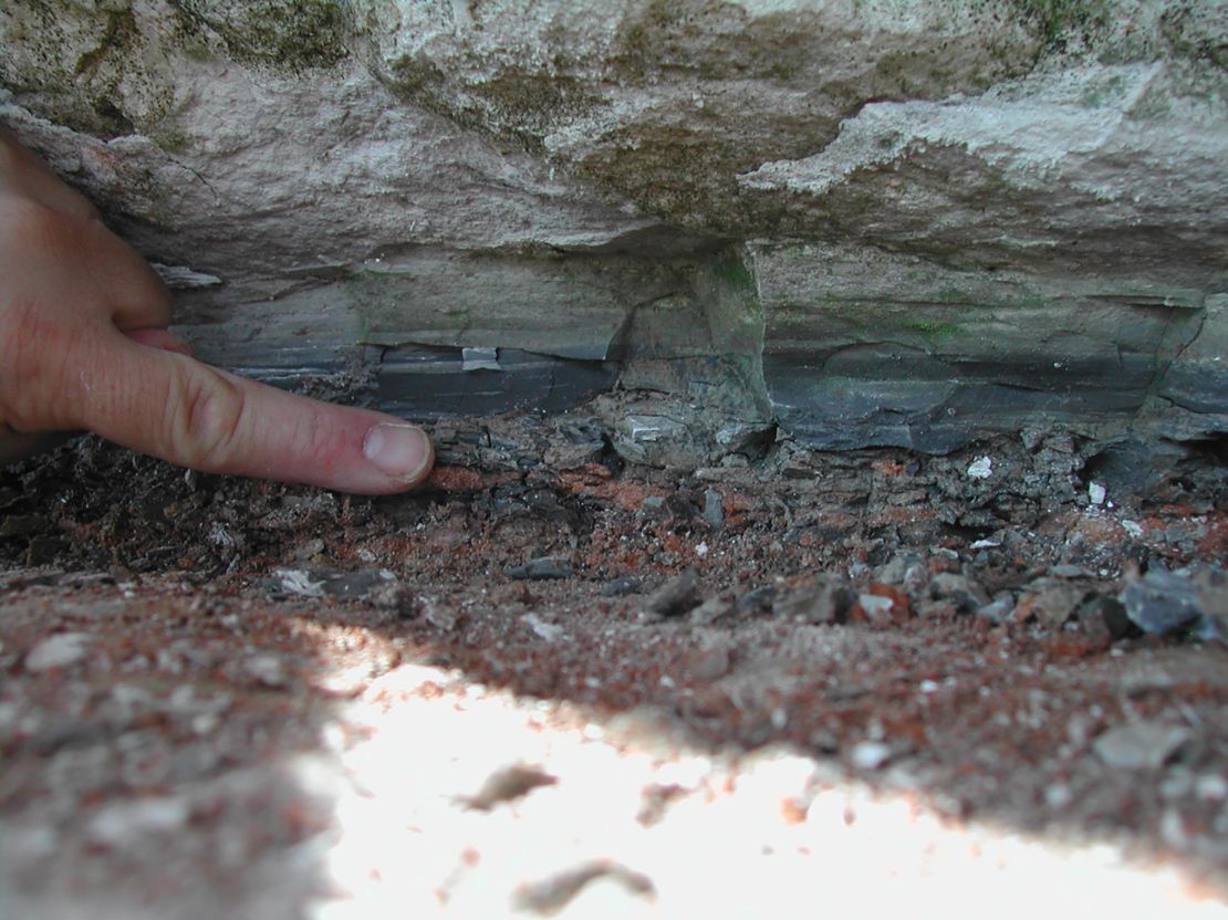 The Cretaceous-Paleogene boundary layer is seen in Stevns Klint, Denmark. The study authors investigated the red clay layer with the highest ruthenium concentrations, which indicated the arrival of vaporized carbonaceous asteroid material dispersed from the Chicxulub impact area.