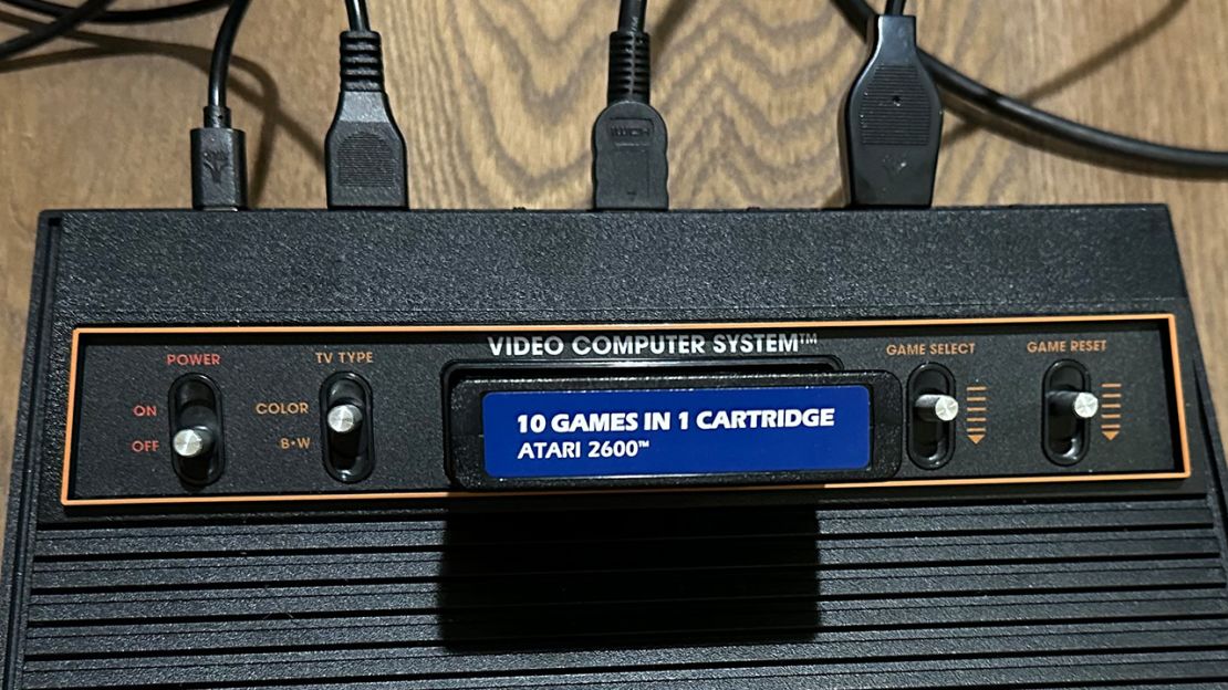 The familiar Power, TV Type, Game Select and Game Reset switches on the Atari 2600+.