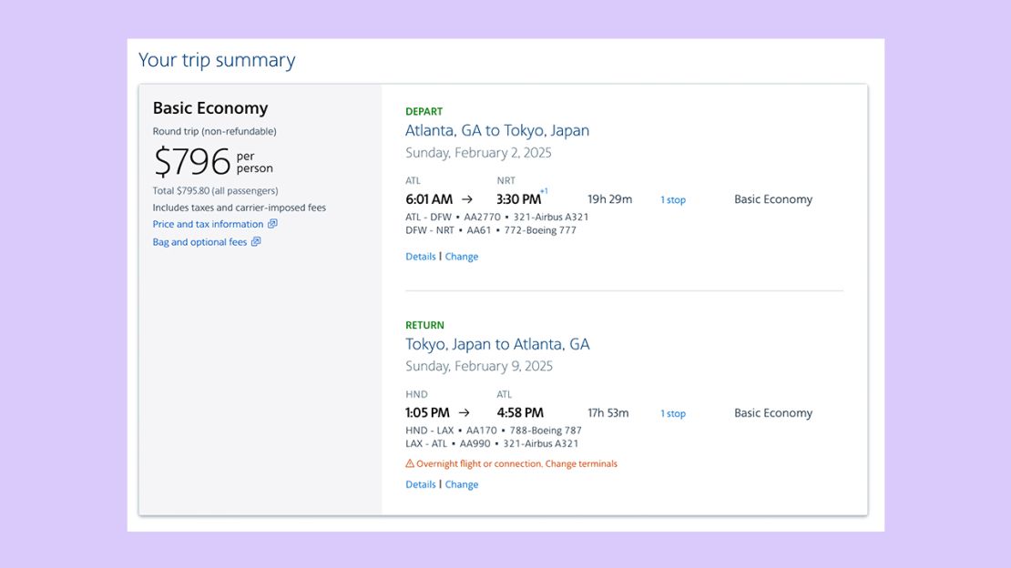 A screenshot of an American Airlines flight itinerary from Atlanta to Tokyo