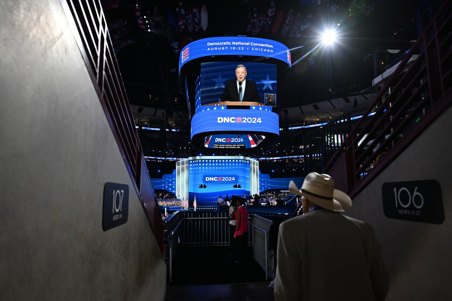 US Sen. Dick Durbin is seen on a United Center screen as he delivers remarks at the convention on Monday.