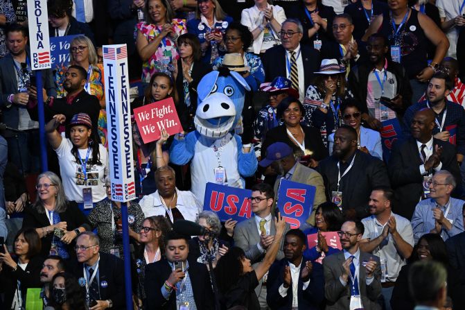 A person in the crowd is dressed as a donkey, the Democrats' political symbol, on Monday.