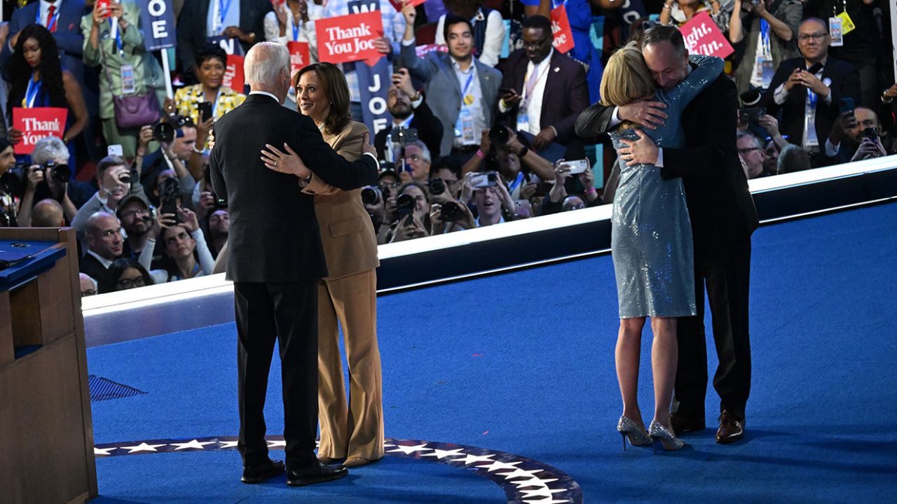 Presdient Joe Biden and Vice President Kamala Harris on stage at the end of the first night of the 2024 Democratic National Convention in Chicago on August 19.