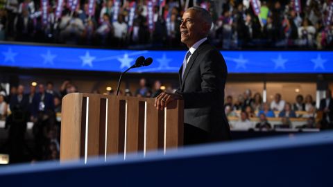 Barack Obama speaks at the United Center during the Democratic National Convention in Chicago, Illinois, on August 20, 2024.