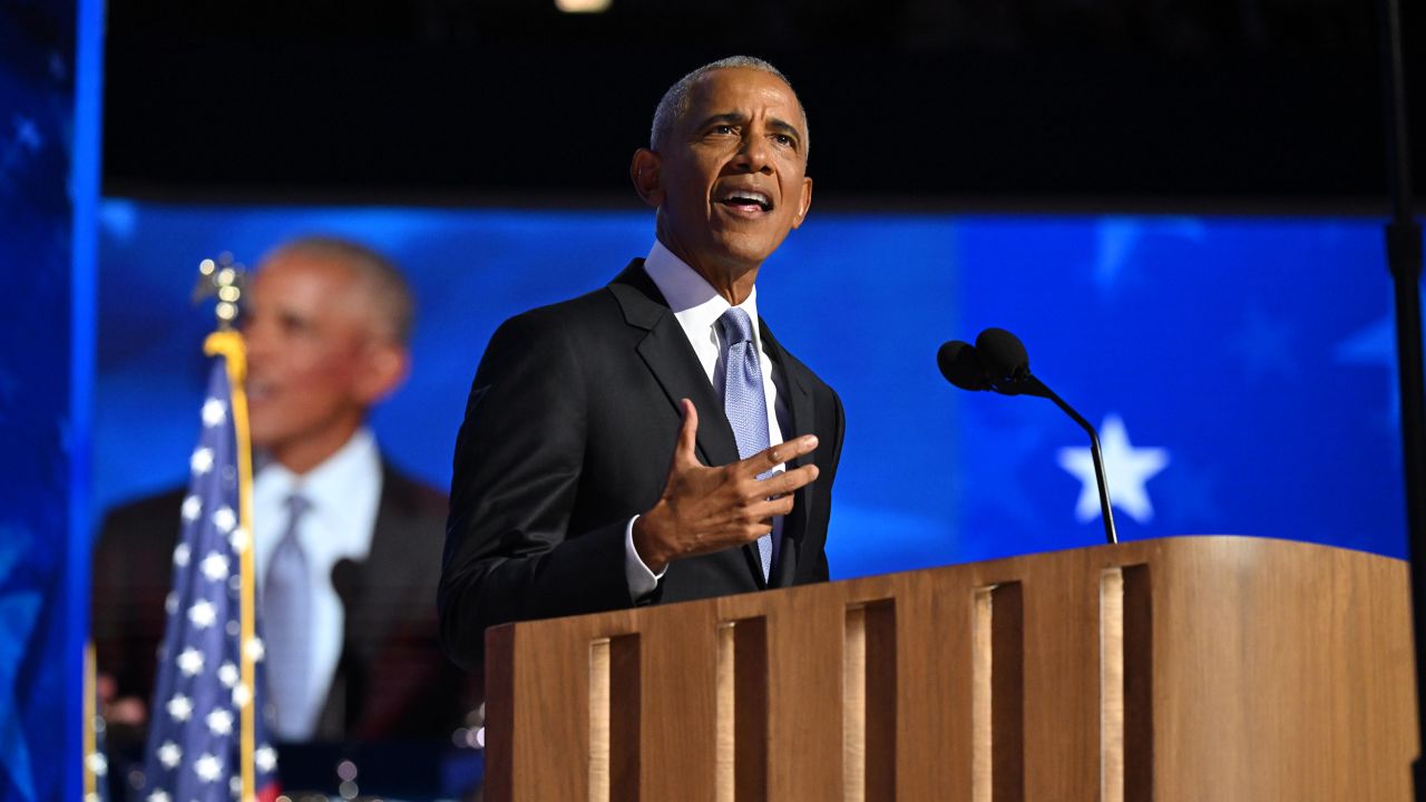 Former President Barack Obama speaks on Tuesday, August 20, in Chicago during the DNC.