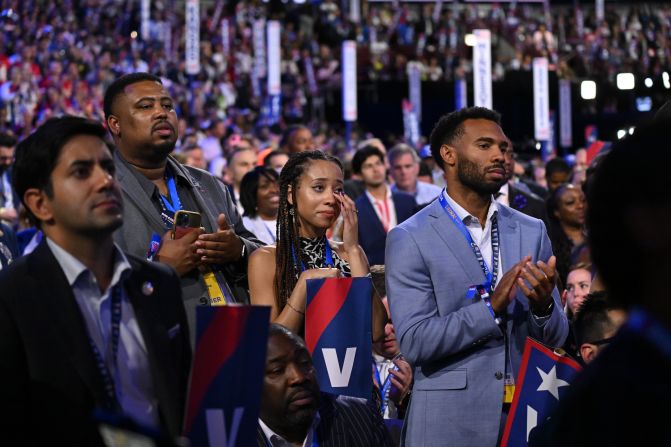 An audience member tears up while listening to Obama's speech on Tuesday.