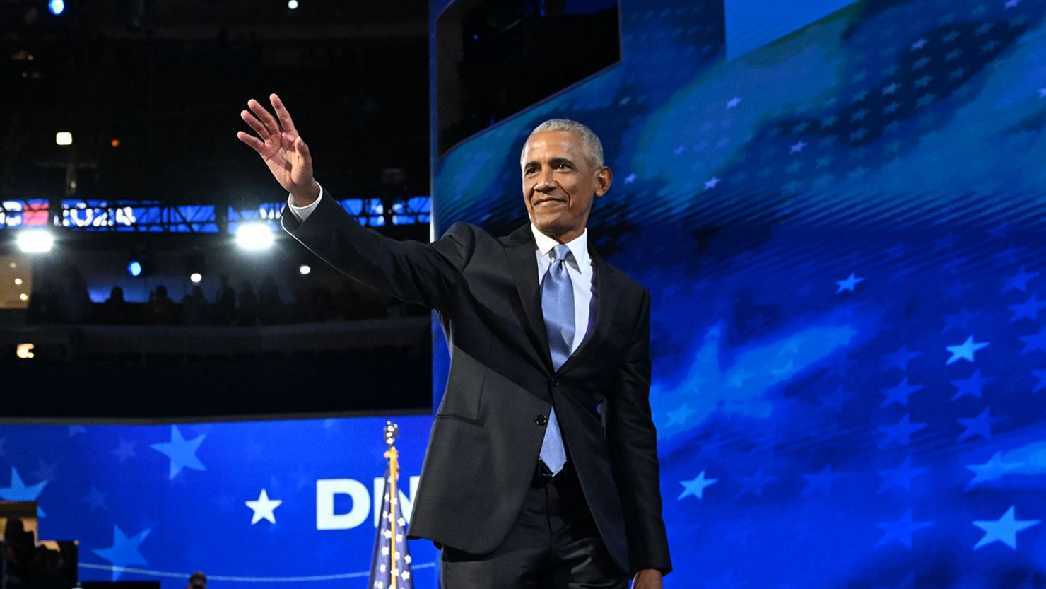 Former President Barack Obama walks off stage after speaking during the DNC on Tuesday, August 20, in Chicago.