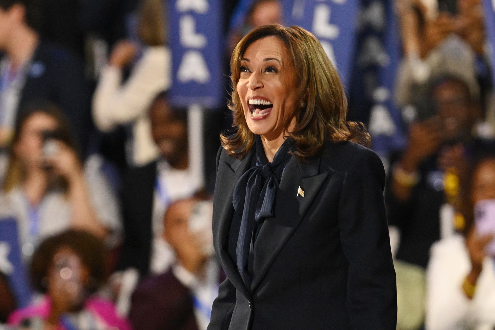 Kamala Harris, shown here at the United Center during the Democratic National Convention in Chicago, Illinois, on August 22, 2024, has worn pussy-bow blouses throughout her presidential campaign and career.