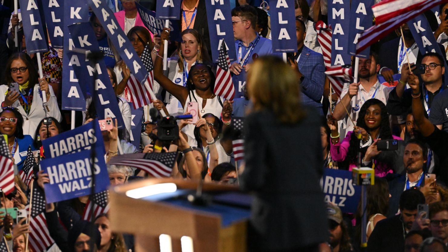 Kamala Harris speaks during the Democratic National Convention in Chicago on August 22, 2024.