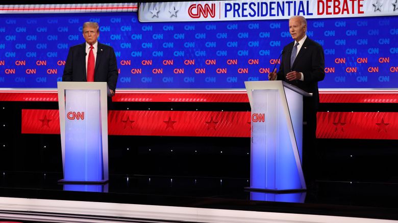President Joe Biden and former President Donald Trump are seen during a CNN Presidential debate in Atlanta on June 27, 2024.