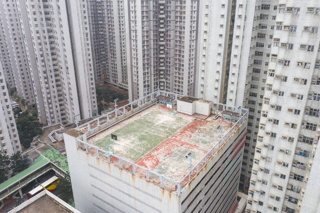 Many of Hong Kong’s basketball courts are located on rooftops. Bell used satellite images to map out potential locations before using his drone to snap photos.