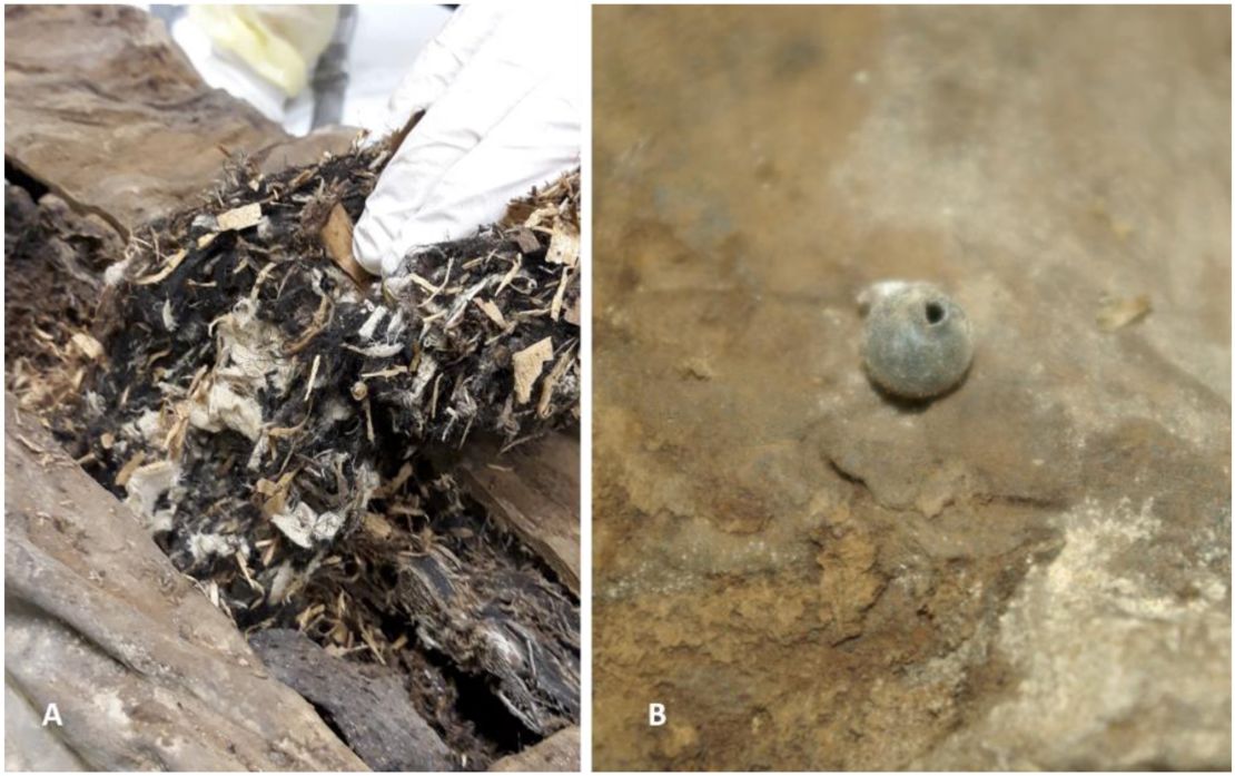 Researchers found material (left) such as small wood chips and flax fabric stuffed inside the mummified remains, and a glass sphere was uncovered inside the left pelvis.