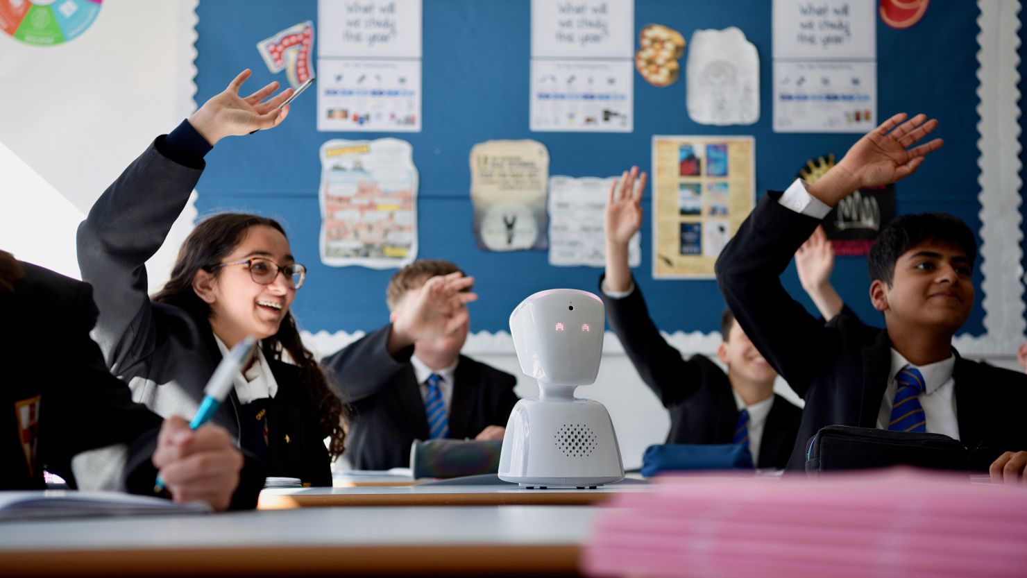 The AV1 robot in use at a UK school.