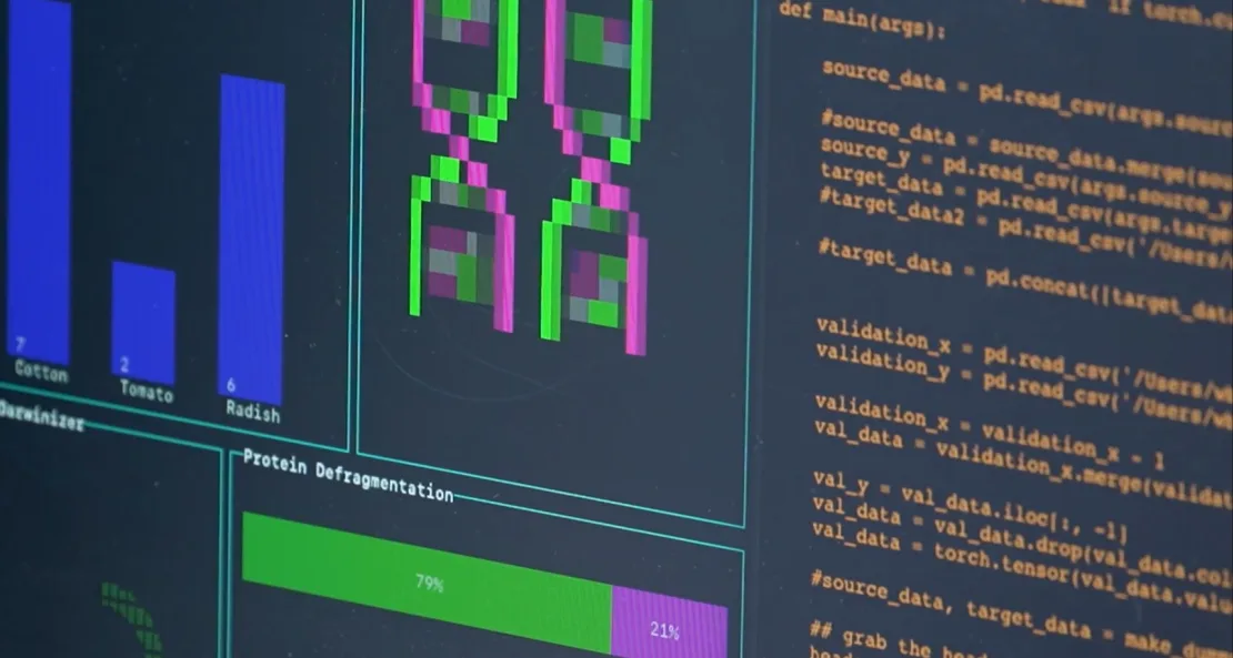 Pantalla de ordenador mostrando gráficos y códigos de un algoritmo de inteligencia artificial utilizado para analizar datos genéticos y características de cultivos agrícolas.