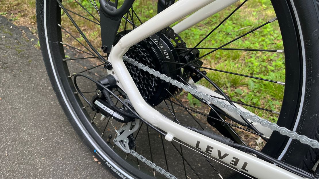 The Aventon Level.2's 500W rear hub drive provides plenty of power for the sort of everyday pavement riding the bike is meant for. Gearing is appropriate for mixed urban terrain, with a 46-tooth front chainring and a 32-tooth low cog in back — you're unlikely to feel undergeared downhill or overgeared uphill.