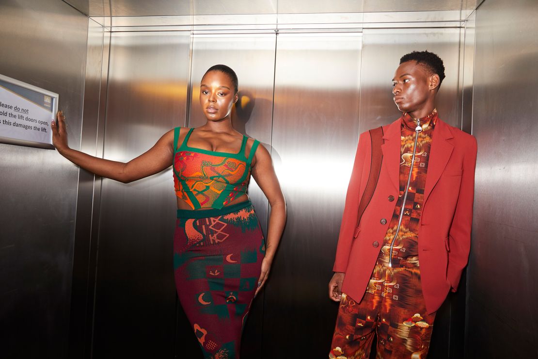 Bright, printed designs in Ahluwalia's collection reference the body painting technique specific to the Igbo people in Nigeria.