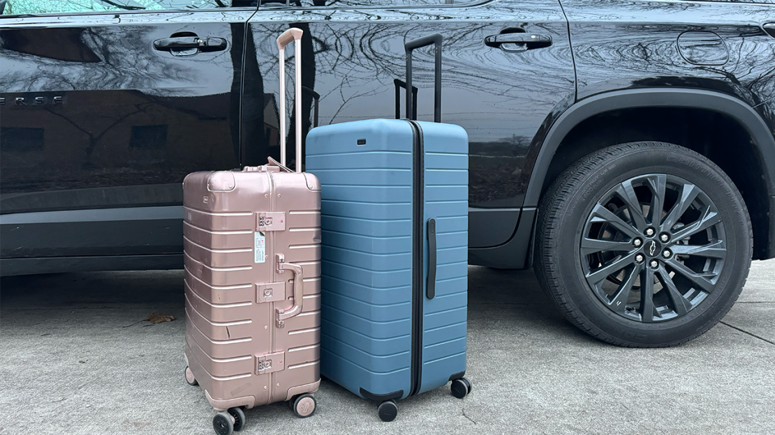 Away bags side by side in front of car