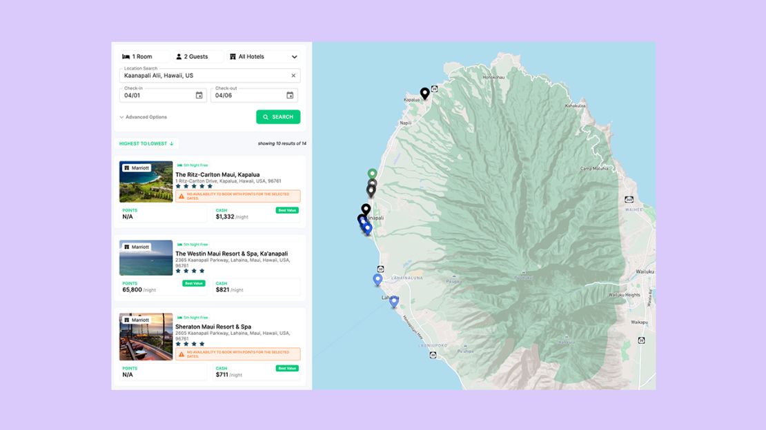 A screenshot showing hotels in Hawaii in the Awayz application