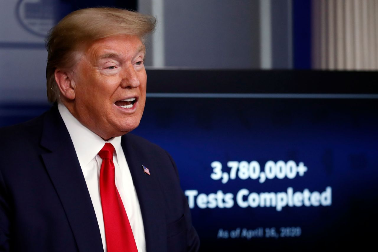 US President Donald Trump speaks at the coronavirus briefing at the White House on Friday, April 17, in Washington. 