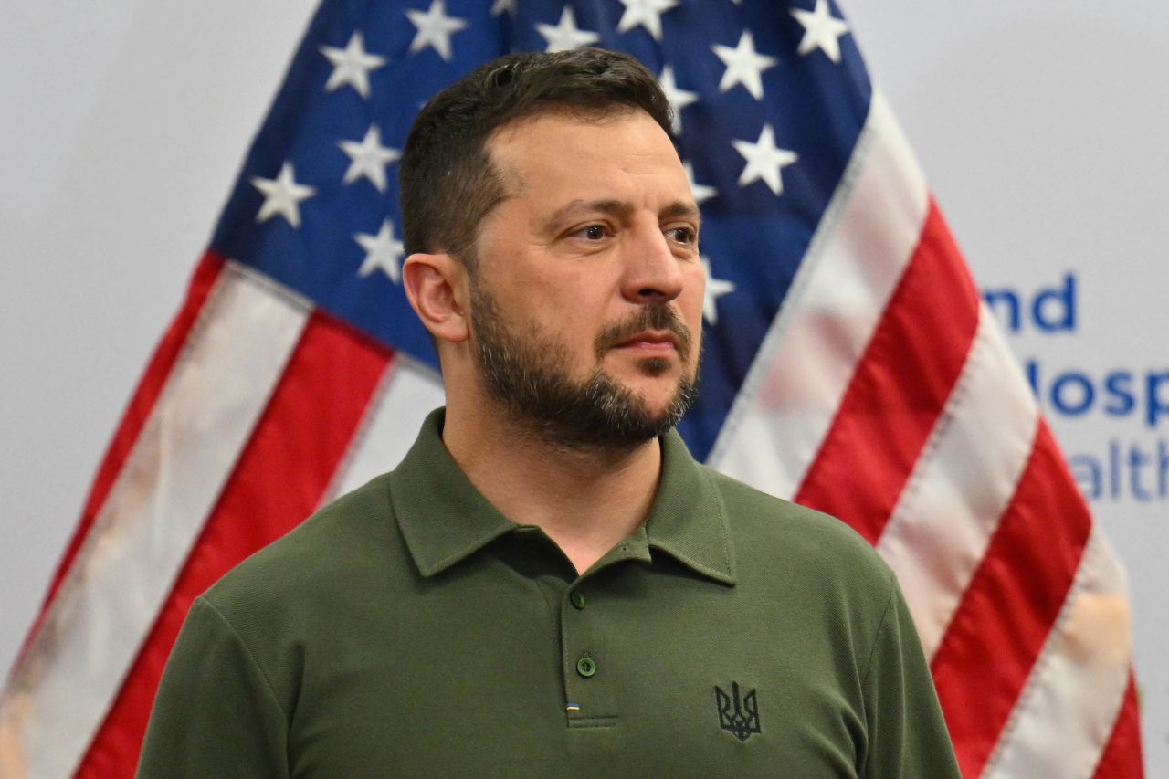 Ukrainian President Volodymyr Zelensky speaks while visiting with wounded Ukrainian soldiers at the Staten Island University Hospital in New York, on September 18. 