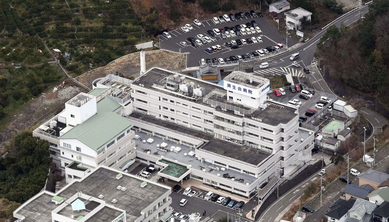 An aerial view shows Saiseikai Arida Hospital in Yuasa, Japan, where a doctor was confirmed to have been infected with the novel coronavirus.