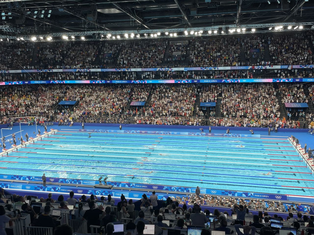 Katie Ledecky of Team USA finishes Wednesday's race, putting an incredible distance between herself and her competitors to set a new Olympic record, on July 31.