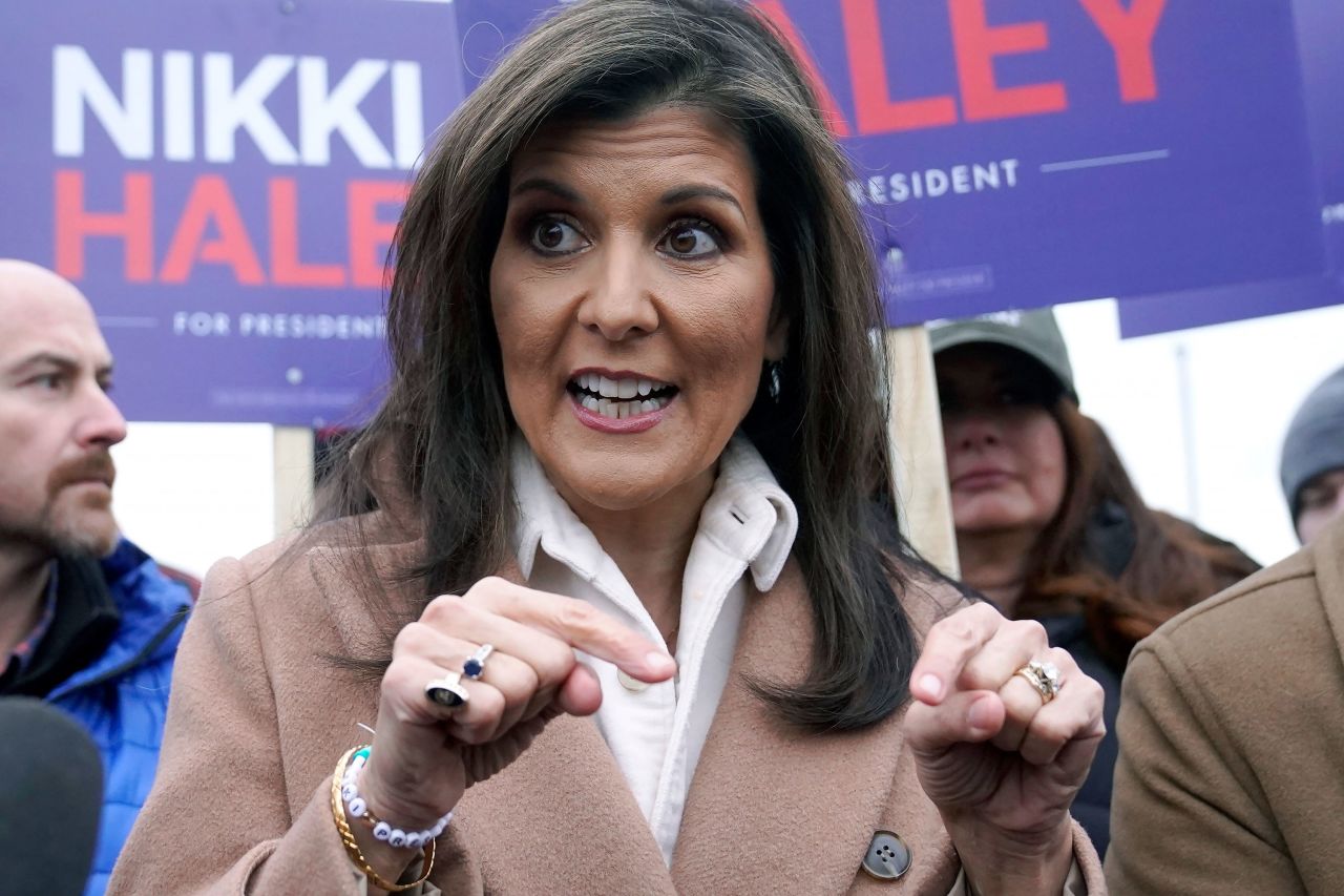 Nikki Haley addresses members of the media near a polling site in Hampton, New Hampshire, on Tuesday.