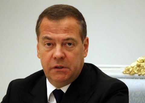 Former Russian President and Prime Minister and current deputy head of Russia's Security Council Dmitry Medvedev speaks during a meeting on the military-industrial complex at the Kremlin, on September 20, in Moscow, Russia.