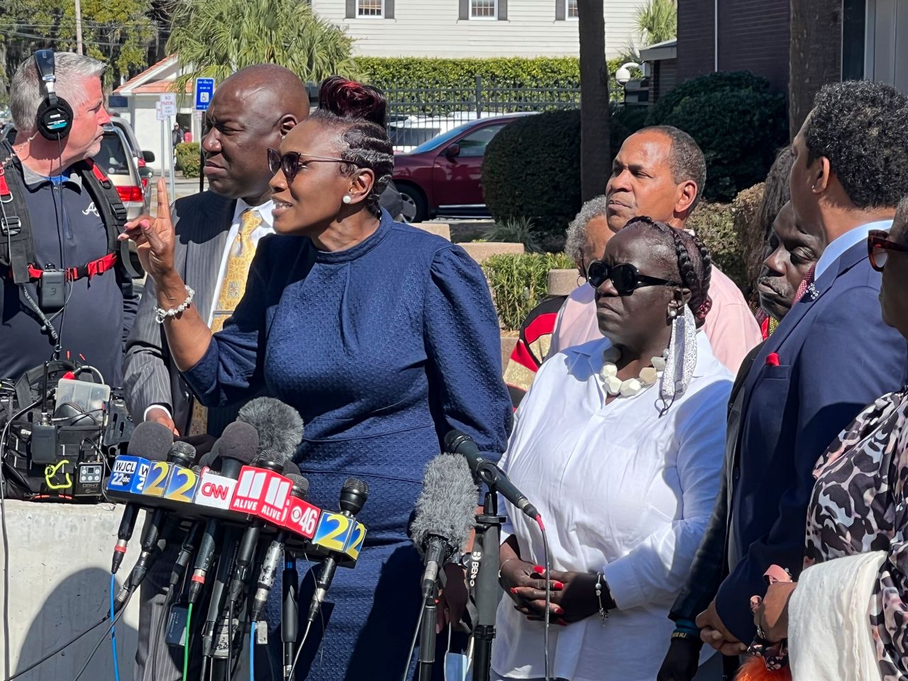 Wanda Cooper-Jones addresses the media outside the federal courthouse in Brunswick, Georgia, on Tuesday.