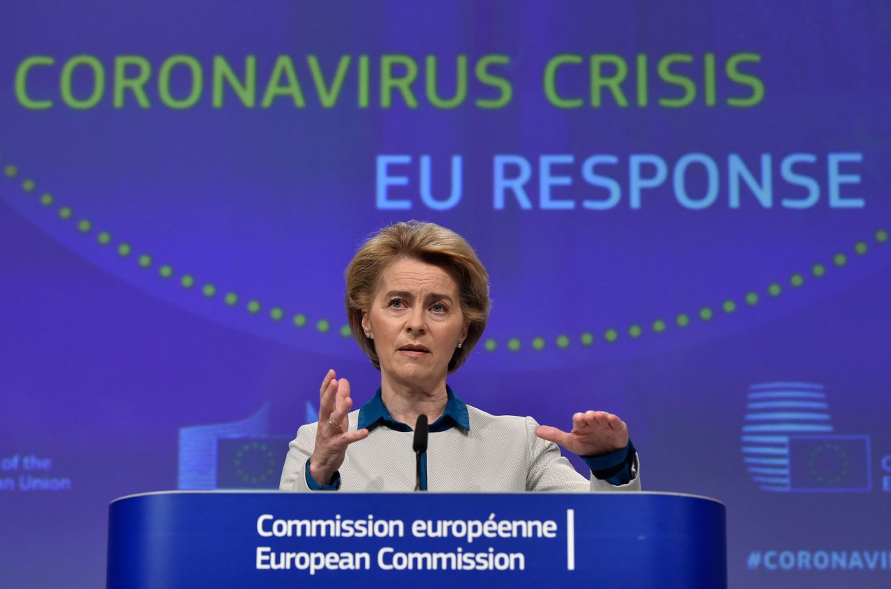 EU Commission President Ursula von der Leyen holds a press conference on the EU's response to the Covid-19 pandemic in Brussels, Belgium, on April 15.