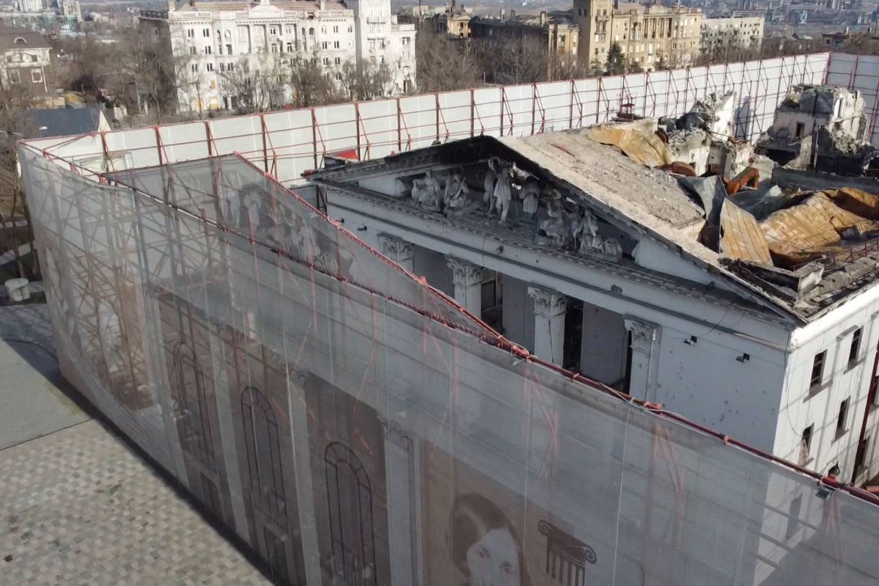 This image from video shows fencing surrounding the Drama Theater in Mariupol, Ukraine, on December 2. 