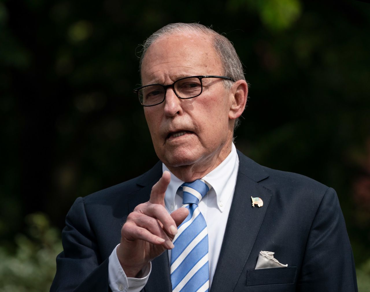 Director of the United States National Economic Council Larry Kudlow speaks to reporters outside the White House on May 15 in Washington, DC.?