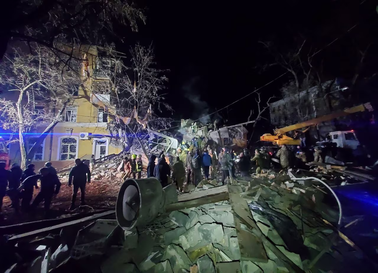 A residential building was destroyed by a Russian missile strike February 1 in Kramatorsk. 