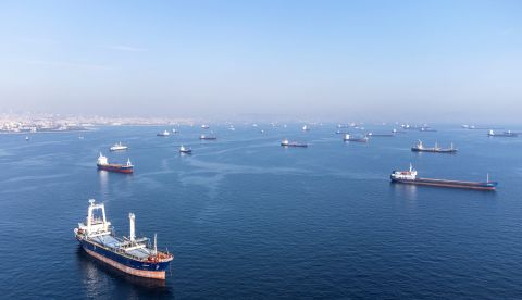 Commercial vessels, including vessels which are part of Black Sea grain deal, wait to pass the Bosphorus strait off the shores of Yenikapi in Istanbul, Turkey, on October 31.