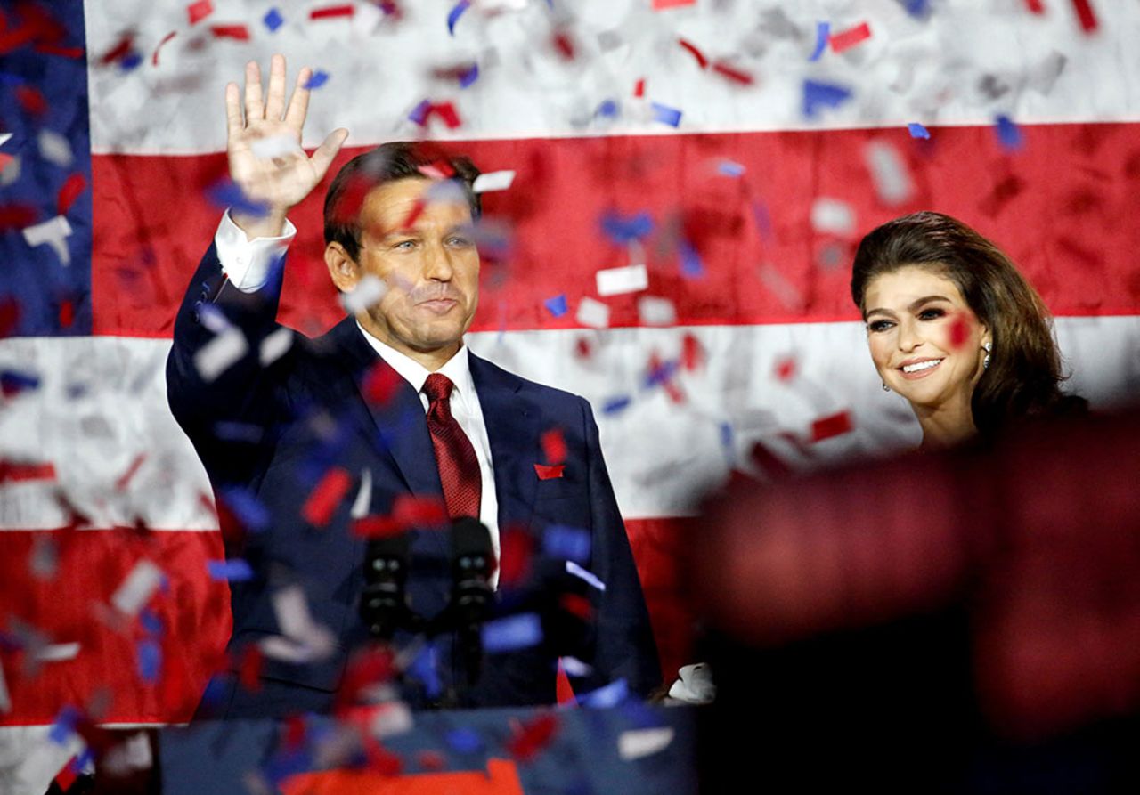 DeSantis celebrates onstage with his wife Casey during his 2022 U.S. midterm elections night party in Tampa, Florida, on November 8.