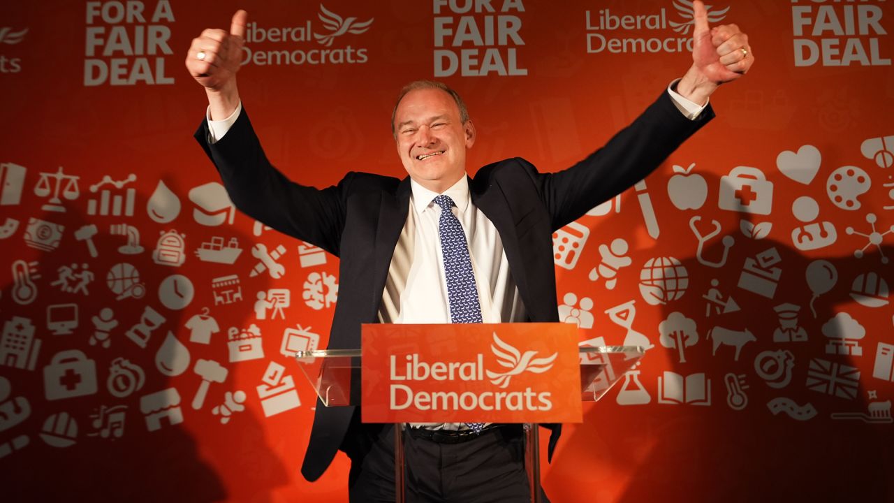 Liberal Democrat leader Sir Ed Davey at the London Art Bar in central London where party supporters are watching the results of the election on July 5.