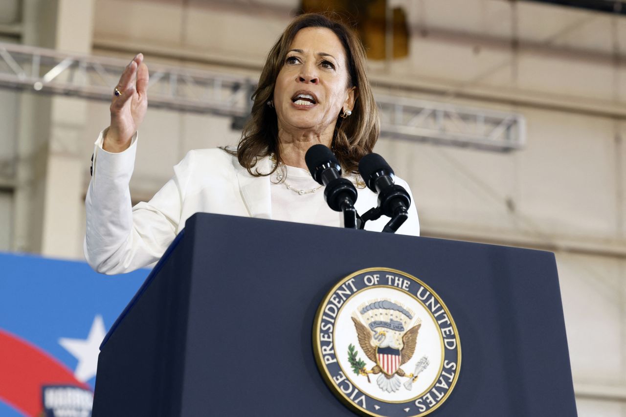 Vice President Kamala Harris speaks during a campaign rally at Detroit Metropolitan Airport in Romulus, Michigan, on August 7.