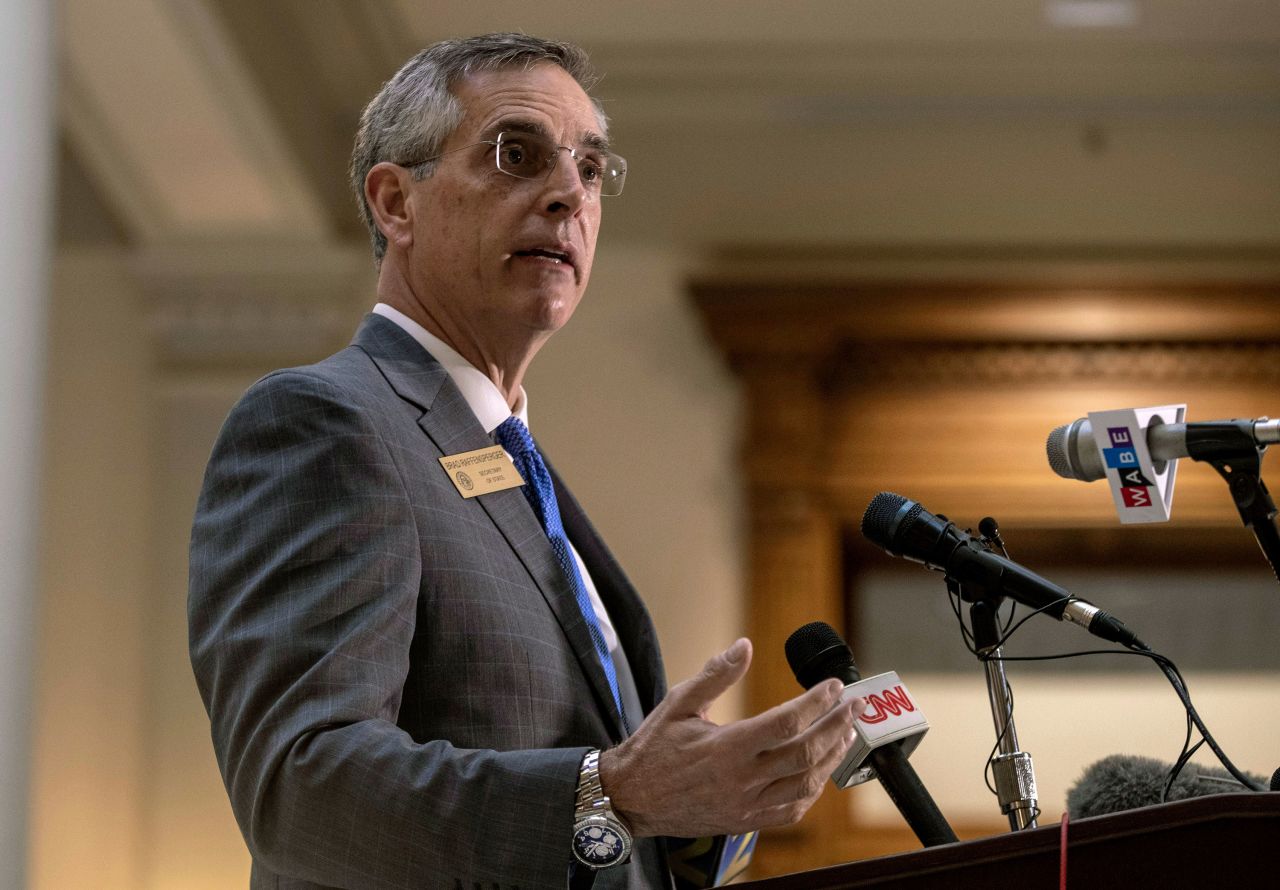 Georgia Secretary of State Brad Raffensperger speaks during a press conference Wednesday, October 14 in Atlanta. 