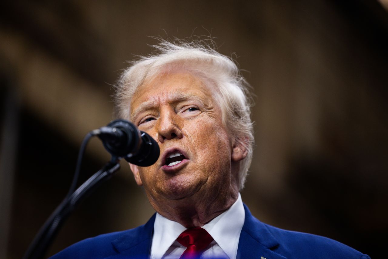 Former president Donald Trump remarks during a campaign event at Precision Custom Components on August 19, in York, Pennsylvania.