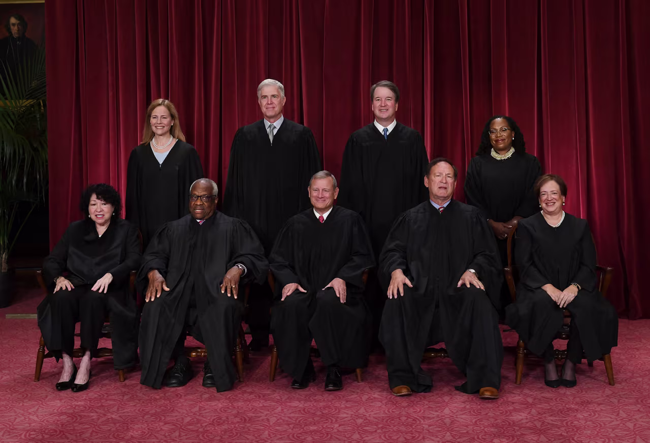 Justices of the U.S. Supreme Court pose for their official photo at the Supreme Court in Washington, DC on October 7, 2022. (Seated from left) Associate Justice Sonia Sotomayor, Associate Justice Clarence Thomas, Chief Justice John Roberts, Associate Justice Samuel Alito and Associate Justice Elena Kagan, (Standing behind from left) Associate Justice Amy Coney Barrett, Associate Justice Neil Gorsuch, Associate Justice Brett Kavanaugh and Associate Justice Ketanji Brown Jackson. 