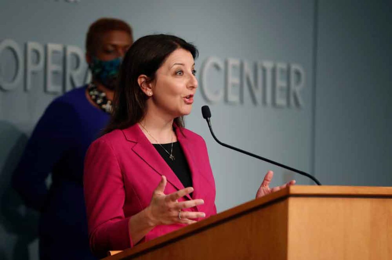 Dr. Mandy Cohen, secretary of the state Department of Health and Human Services, answers a question during a briefing at the Emergency Operations Center in Raleigh, North Carolina, on Thursday, June 4.