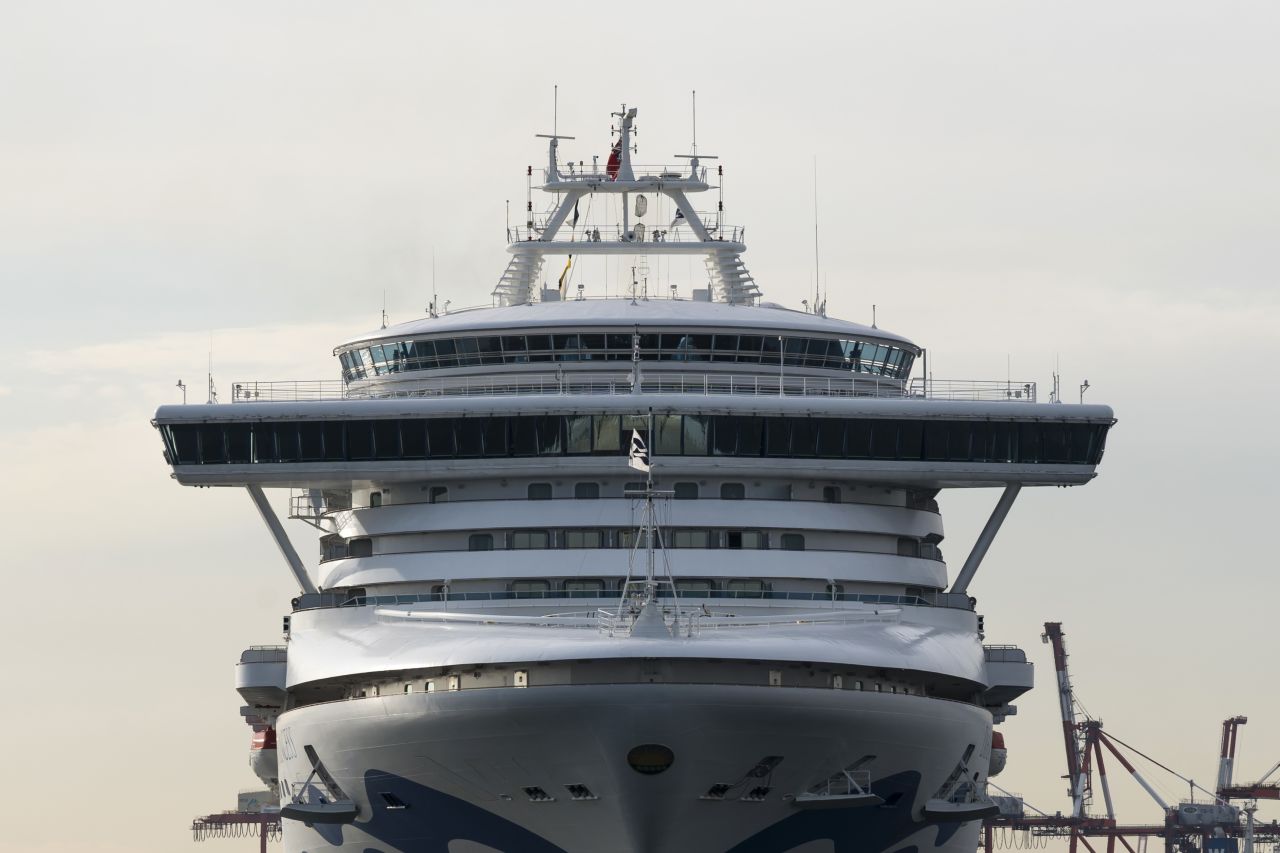 The Diamond Princess cruise ship at Daikoku Pier, Yokohama where it is being resupplied and newly diagnosed coronavirus cases taken for treatment as it remains in quarantine.