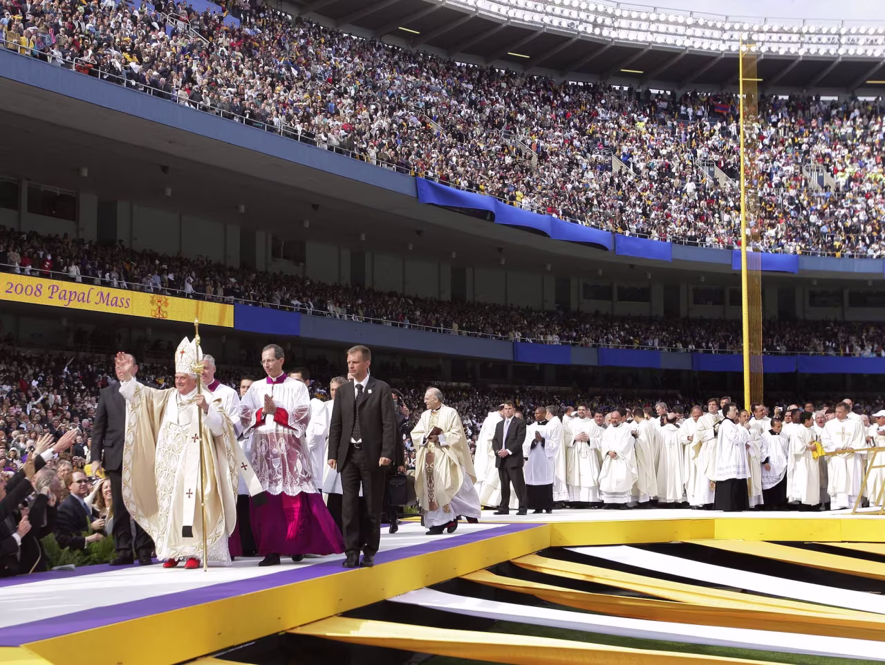 Benedict arrives to celebrate Mass at New York's Yankee Stadium in April 2008. During his trip to the United States, he also visited the White House and spoke to the United Nations General Assembly.